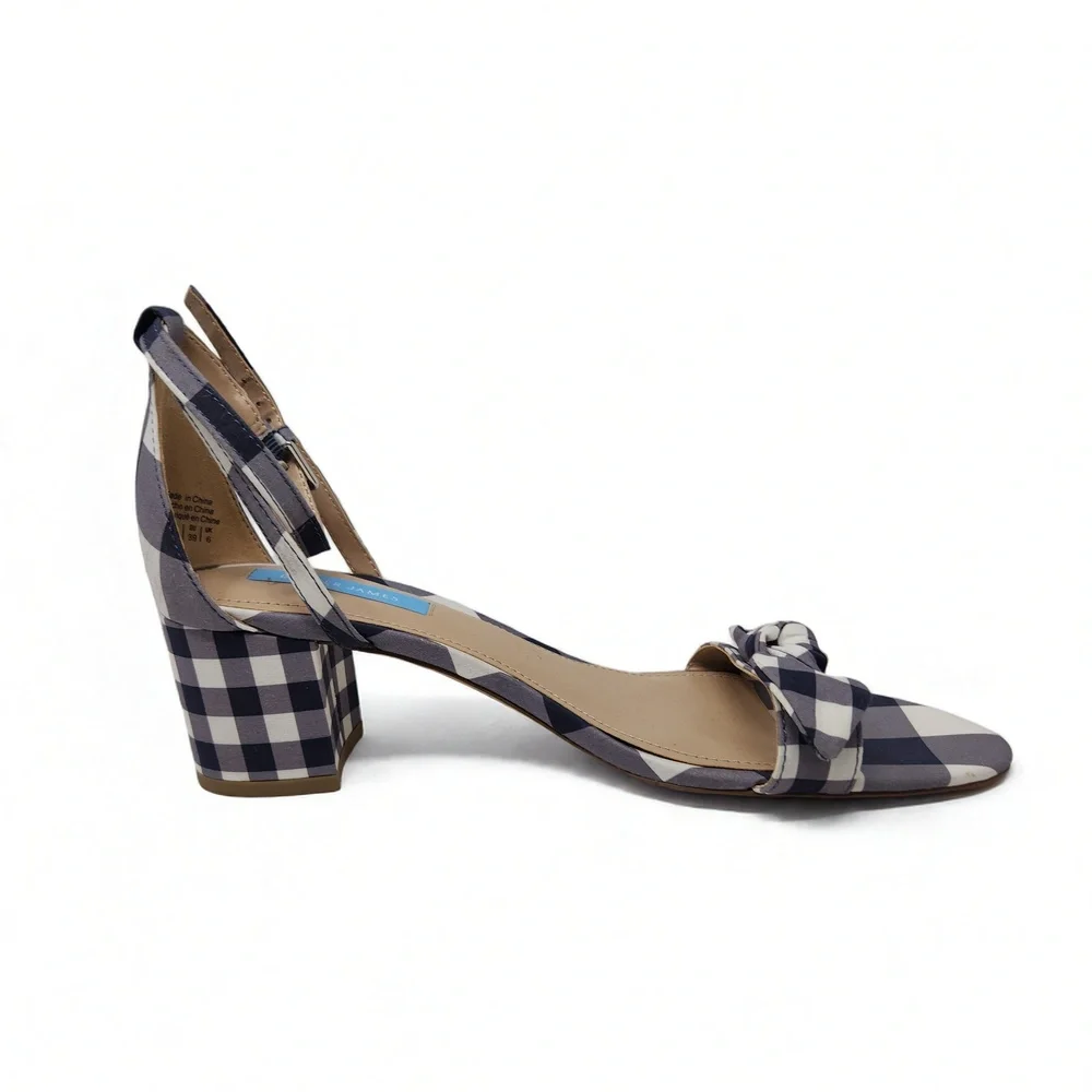 Draper James Gingham Block Heel Sandals Open Toe Knot Ankle Strap Size 8.5